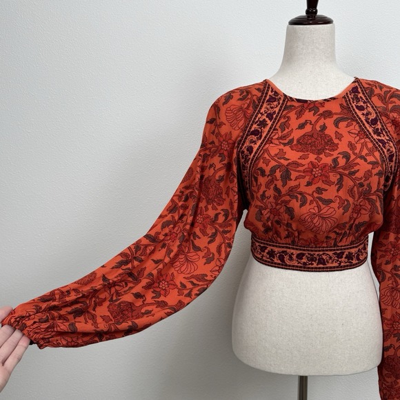 Urban Outfitters Top Womens S Orange Floral Cropped Bell Sleeve Indie Boho Fall - Picture 3 of 12